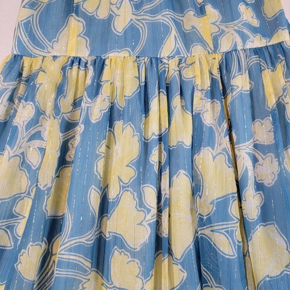 ModCloth Blue Yellow Floral Chiffon Lined High-Low Dress Large - Picture 9 of 10